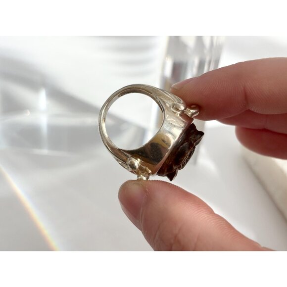 Hand Carved Wood Floral Shaped 925 Sterling Silver Statement Vintage Ring - sz 7 - Picture 5 of 11